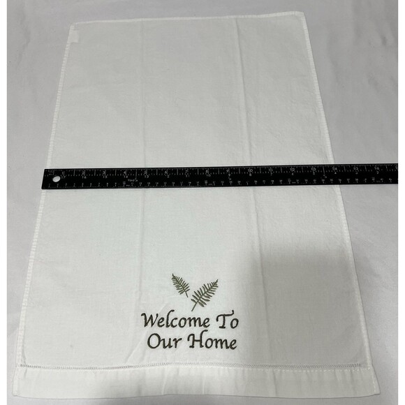 2 Vintage Welcome To Our Home, kitchen Decorative linen Farmhouse Green White LN - Picture 5 of 6